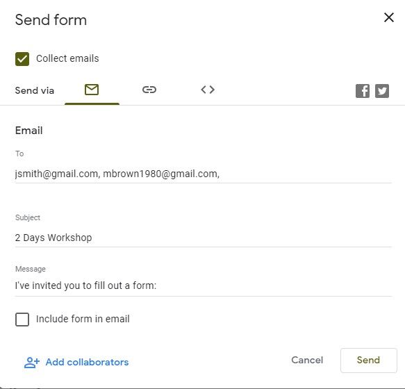 "Send" options in Google Forms