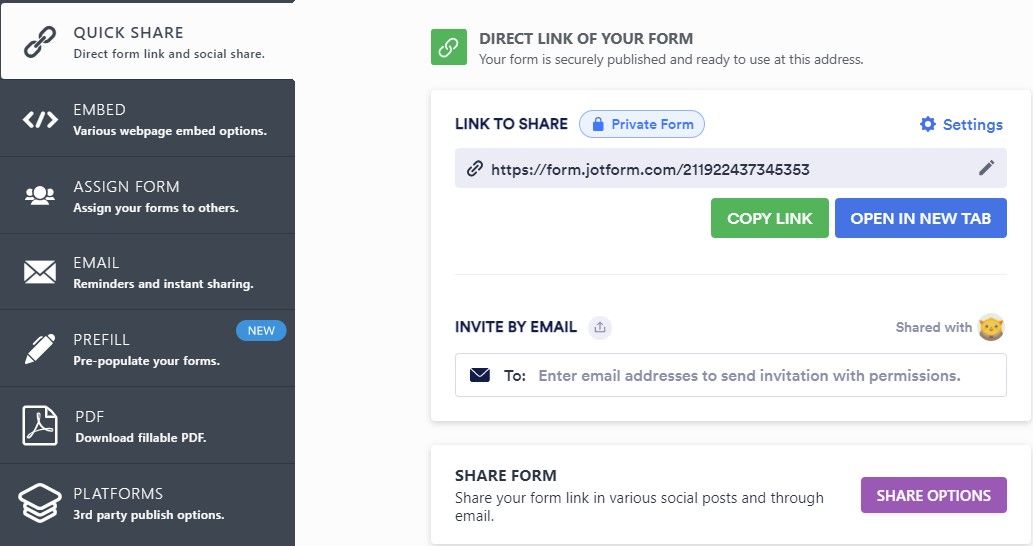 Publish options in JotForm