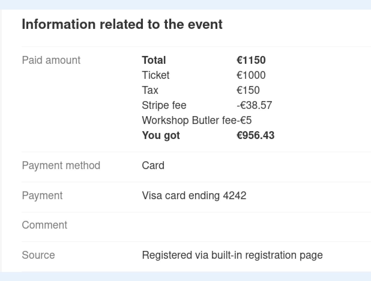 Payment details in an attendee profile