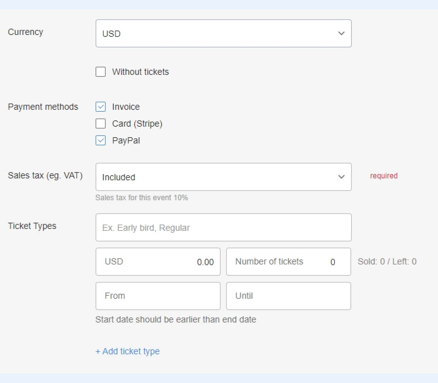 Event tickets configuration