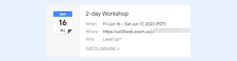 Calendar invitation to online event
